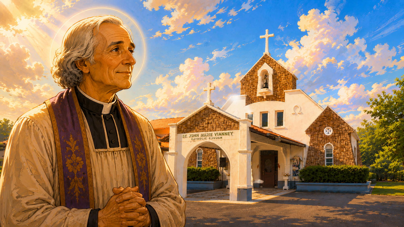 St. John Marie Vianney with Church of St. John Marie Vianney